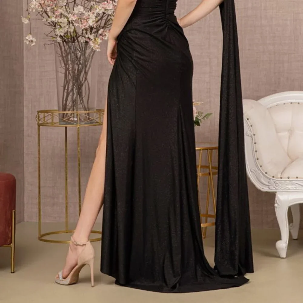 NEW LONG ONE SHOULDER SLEEVELESS DRESS WITH SIDE LAYER AND ZIPPER BACK GL3136